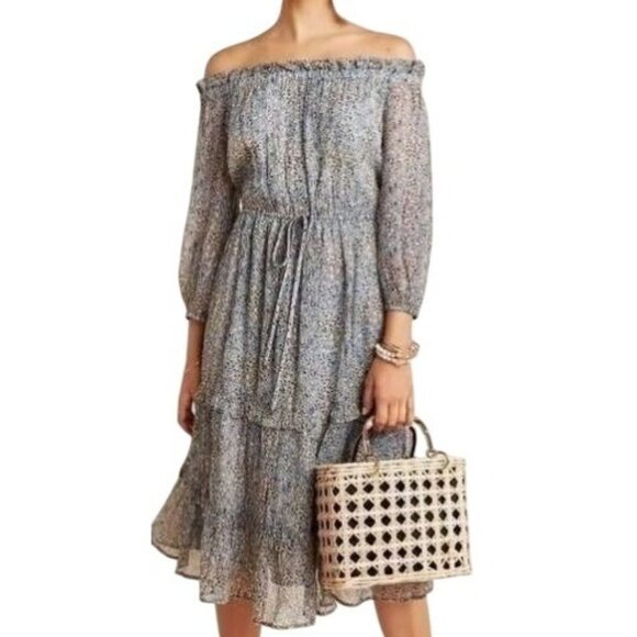 Anthropologie Women's Kira Off-Shoulder Blue Dress Cottage core Romantic Boho 8 - Picture 1 of 16